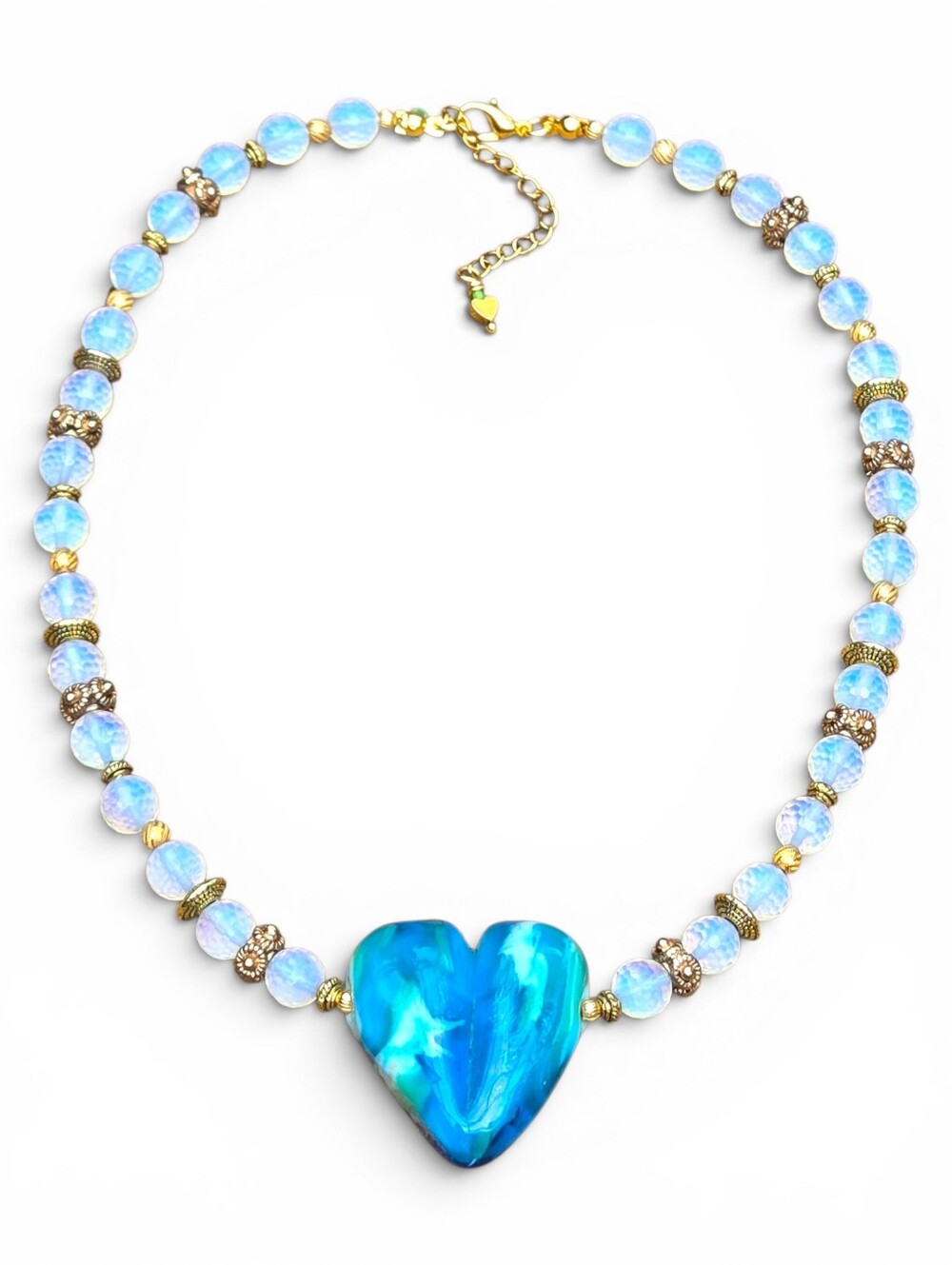 Heart Lampwork Glass Handmade Opalite Gold Dopamine Chunky Blue Green Necklace